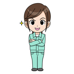 ニヤリと笑う作業員の女性