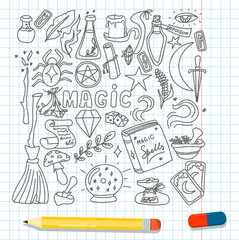 Magic hand drawn doodle set. Vector icons of magic items. Collection halloween elements. Magic broom, potions, fortune-telling cards, runes, books, magic wand, hourglass
