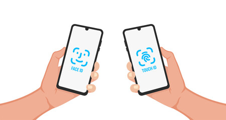 face id touch id icon - vector illustration . face id, Touch id, Face, recognition, Biometric, fingerprint, verification, detection, scanning, device, flat, icons .