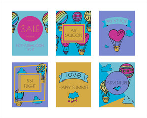 Doodle vector banners of hot air balloons with clouds. Colorful hand draw illustration flying vehicles. Romantic balloons. Sky with tourist balloons for flight. Cartoon style