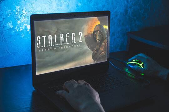 STALKER 2: Heart of Chernobyl video game. Point of view video gaming on PC. Playing computer video game.