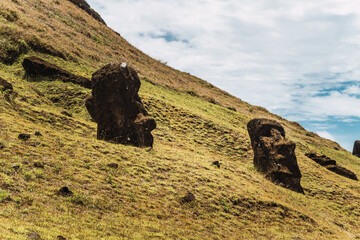Two moais on a hill in Rano Raraku on Easter Island.