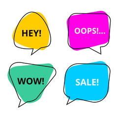 Set of vector flat colorful, black and white speech bubble shaped banners, price tags, stickers, posters, badges. Isolated on white background