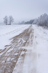 Obraz premium Beautiful snowy country road in winter, with a great perspective view