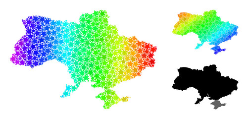 Obraz premium Spectrum gradiented starred mosaic map of Ukraine. Vector colored map of Ukraine with spectrum gradients. Mosaic map of Ukraine collage is designed with randomized colorful star items.
