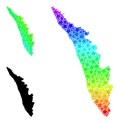 Spectral gradient star mosaic map of Kerala State. Vector colorful map of Kerala State with spectral gradients. Mosaic map of Kerala State collage is formed with random colorful star elements.