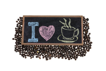 Fototapeta na wymiar I love coffee signs, Coffee beans on white background.