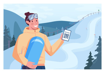Male character holding a skipass for snowboarding. Snowboarder