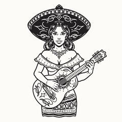 Female Mexican guitarist in sombrero