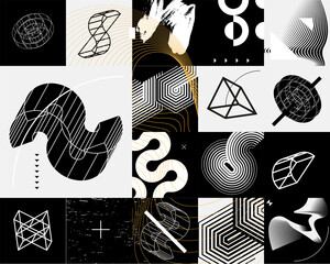 Modern trendy monochrome geometric shapes. Cyberpunk retro futurism set.