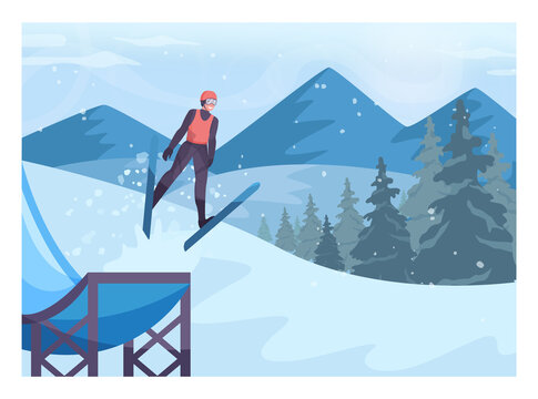 Male character wearing ski jumping from a trampoline. Skier performing