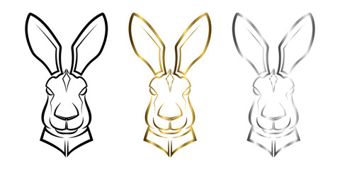 Three color black gold and silver line art of bunny head. Good use for symbol, mascot, icon, avatar, tattoo,T-Shirt design, logo or any design.