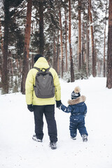 Fototapeta na wymiar Rear view of father with backpack and little sons holding hand walking together in winter snowy forest. Wintertime activity outdoors. Concept of local travel and family weekend