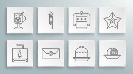 Set line Christmas paper shopping bag, Firework rocket, Envelope with christmas party invitation card, Cake, Marzipan sponge cake, sweater, star and Mulled wine glass of drink icon. Vector