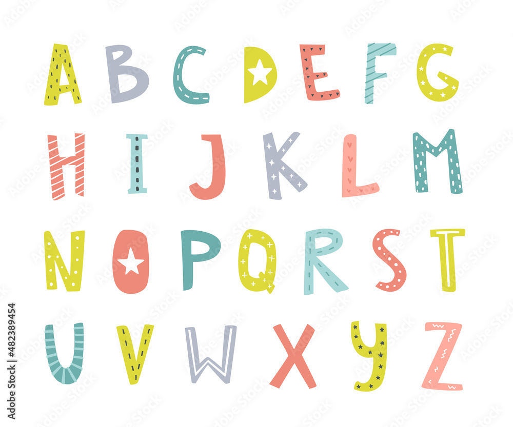 Wall mural fun curve alphabet in scandinavian style. doodle typeface characters collections. set of cute vector