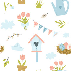 Spring garden doodle pattern. Seamless springtime vector print for fabric, textile, apparel, paper.