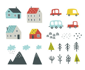 Scandinavian nordic village doodle set. Bundle of abstract baby houses, cars, plants and mountains.