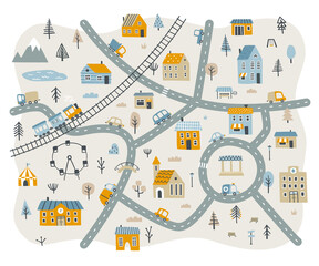 Little town doodle map for nursery carpet. Cityscape baby print with buildings and transport.