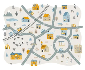  Little town doodle map for nursery carpet. Cityscape baby print with buildings and transport. © Sonium_art