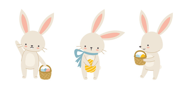 Easter cute bunny set. Collection of cartoon baby rabbits with painted eggs. Easter bundle with hare holding easter eggs.