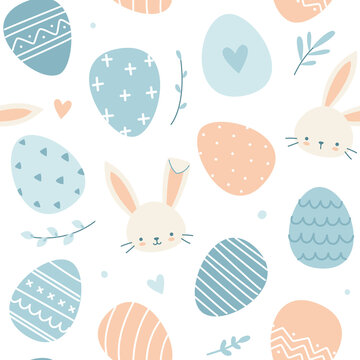 Cute easter painted eggs and bunny head pattern. Seamless doodle easter print in pastel pink and blue colors.