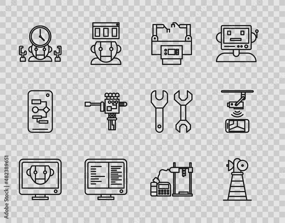 Poster set line bot, antenna, assembly line, computer monitor screen, robot and digital time manager, mecha