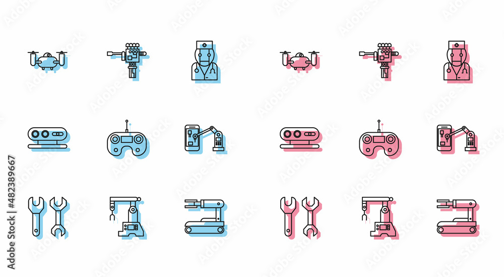 Poster set line spanner, assembly line, drone flying with action camera, robot, remote control, industrial 