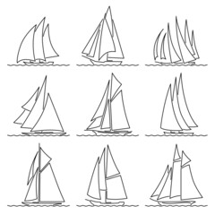 Set of flat design vector images of sailing ships on waves drawn in line style. - 482389600