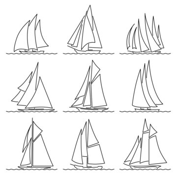 Set of flat design vector images of sailing ships on waves drawn in line style.