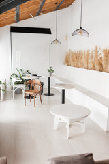 Bright interior of the cafe, showcase, flowers, tables, ears