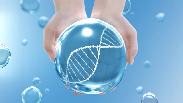 Female hands cupped together holding clean water drop and revolving DNA Helix on blue bubble background. 3D animation loop concept for healthcare, sanitizer hygiene, covid-19 vaccine, and beauty care.