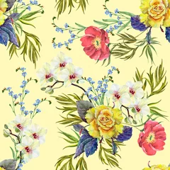 Deurstickers Watercolor bouquet of flowers rose, peony, orchid and small blue flowers on yellow background. © Olga Kleshchenko