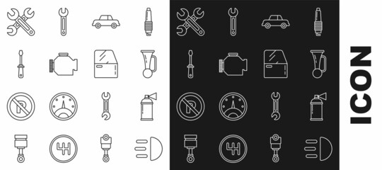 Set line High beam, Paint spray can, Signal horn on vehicle, Car, Check engine, Screwdriver, Wrench and door icon. Vector