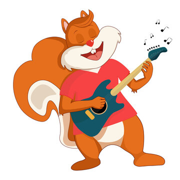 A cartoon, cute and cheerful squirrel in a pink T-shirt sings songs and plays a blue guitar.