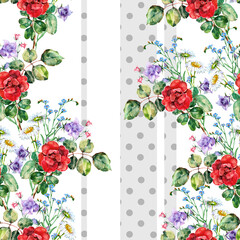 Obraz premium Watercolor set of flowers rose, bell, chamomile on vertical speckled background.