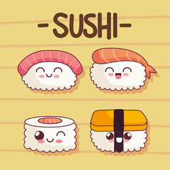 four cute sushi kawaii icons