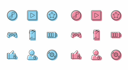 Set line Hand like, Add to friend, Music note, tone, Vinyl disk, Smartphone, mobile phone, Battery charge level indicator, Gamepad and Play square icon. Vector