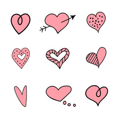 Set of nine pink hearts. Color doodle elements for greeting cards, stickers and posters. Hand drawn doodle illustration. EPS 10