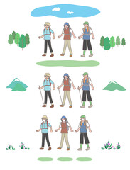 ウォーキング、トレッキング、ハイキングをするシニア女性グループのイラストセット、夏バージョン