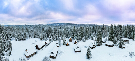 Wooden Houses in Winter Landscape. Drone View