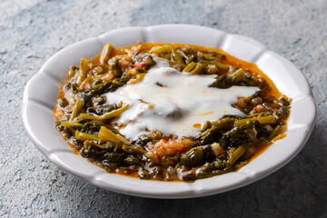 Traditional Turkish cuisine purslane dish with yoghurt (Turkish name; Yogurtlu semizotu yemegi)