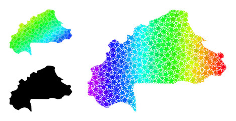 Rainbow gradient stars collage map of Burkina Faso. Vector colored map of Burkina Faso with rainbow gradients. Mosaic map of Burkina Faso collage is organized with scattered colored star parts.