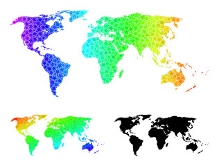 Rainbow gradiented starred collage map of world. Vector colored map of world with rainbow gradients. Mosaic map of world collage is constructed from randomized colored star items.