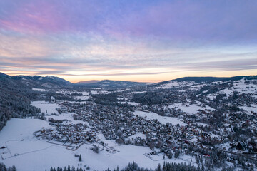 Fototapeta na wymiar Winter Season in Zakopane. Drone Cityscape and Giewont Mount