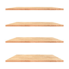 4 old wood shelves table isolated on white background and display montage for product.