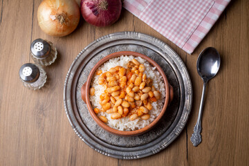 Traditional Turkish cuisine. Kuru Fasulye . Haricot Beans, rice and beans (Turkish name; pilav ustu kuru fasulye)