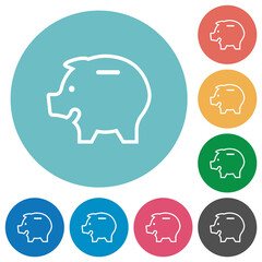 Left facing piggy bank outline flat round icons
