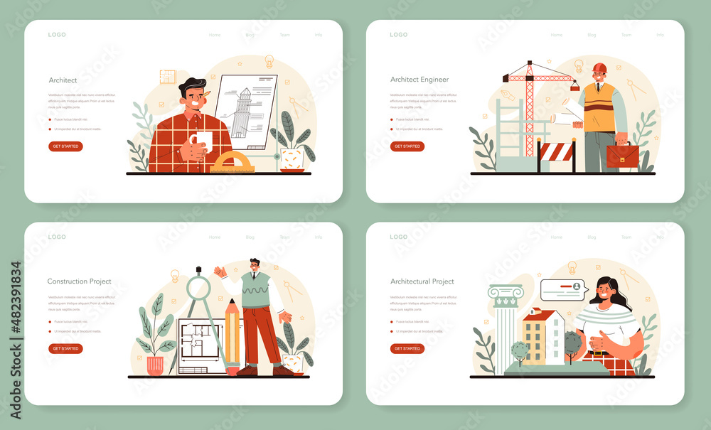 Poster architect web banner or landing page set. idea of architectural project