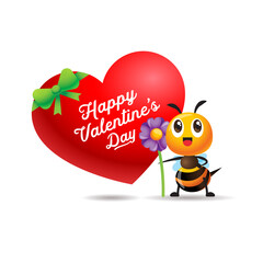 Happy Valentine's Day. Cartoon cute bee holds flower stand beside big love shape with ribbon. Valentine greeting on heart shape. 