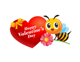 Happy Valentine's Day. Cartoon cute bee holds flower flying beside big love shape with ribbon. Valentine greeting on heart shape. 